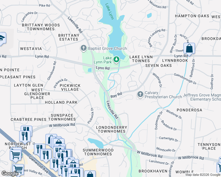 map of restaurants, bars, coffee shops, grocery stores, and more near 204 Oak Hollow Court in Raleigh