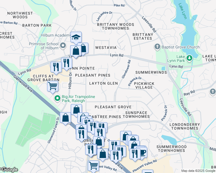 map of restaurants, bars, coffee shops, grocery stores, and more near 4504 Printer Lane in Raleigh
