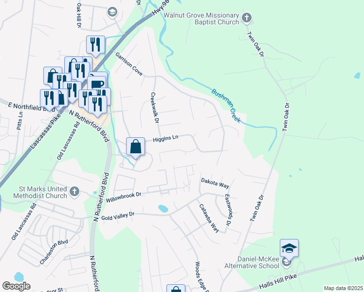map of restaurants, bars, coffee shops, grocery stores, and more near 2140 Higgins Lane in Murfreesboro
