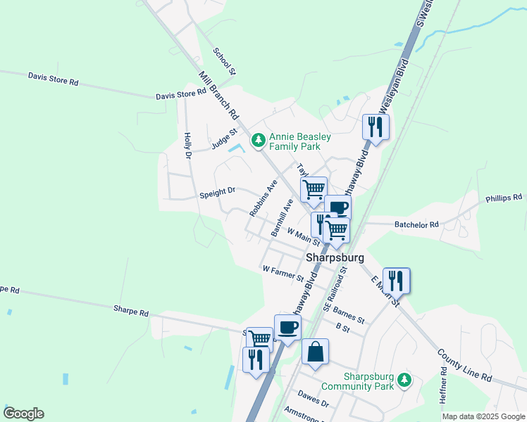 map of restaurants, bars, coffee shops, grocery stores, and more near 508 West Main Street in Rocky Mount