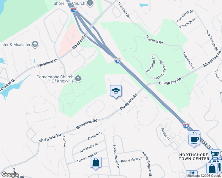 map of restaurants, bars, coffee shops, grocery stores, and more near 1329 Shadybrook Cove Lane in Knoxville