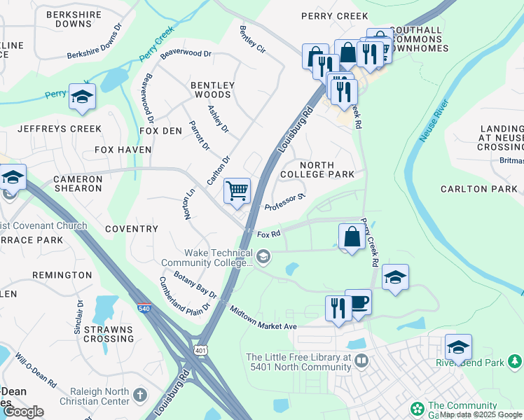 map of restaurants, bars, coffee shops, grocery stores, and more near 6500 Professor Street in Raleigh