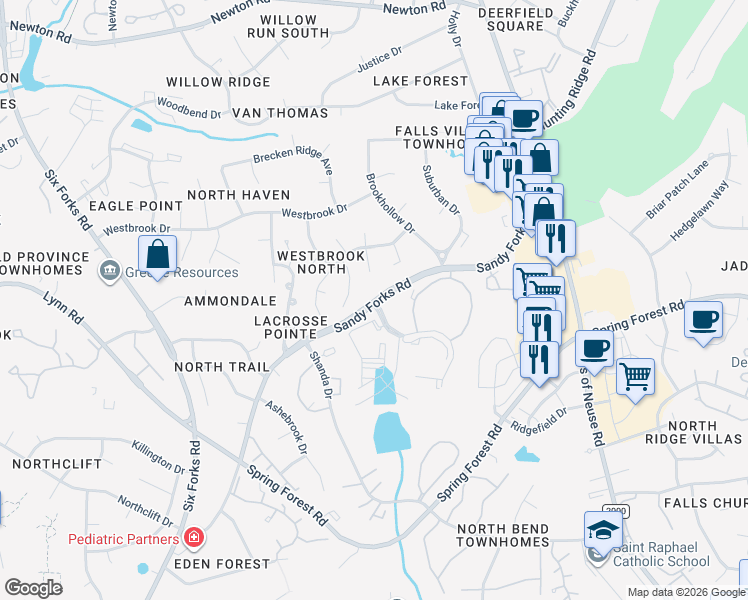 map of restaurants, bars, coffee shops, grocery stores, and more near Sandy Forks Road & The Lakes Drive in Raleigh