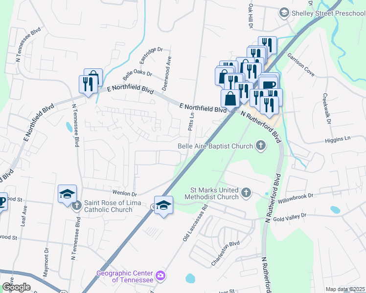 map of restaurants, bars, coffee shops, grocery stores, and more near 1733 Pitts Lane in Murfreesboro