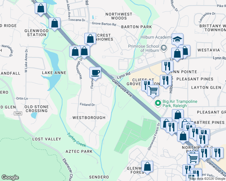 map of restaurants, bars, coffee shops, grocery stores, and more near 7821 Allscott Way in Raleigh