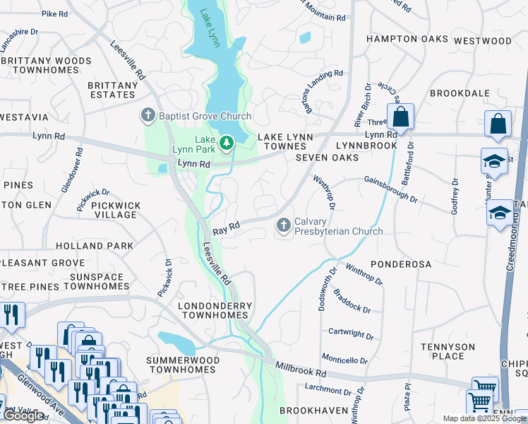 map of restaurants, bars, coffee shops, grocery stores, and more near 3111 Long Meadow Court in Raleigh