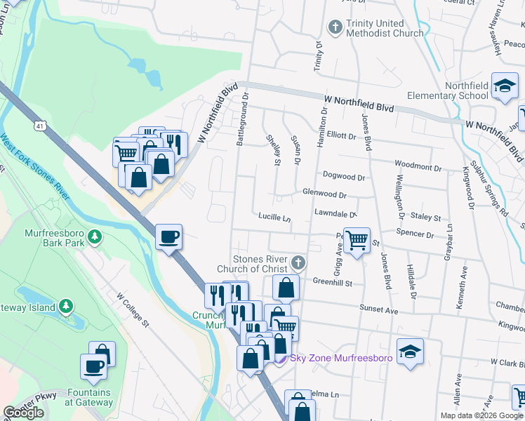map of restaurants, bars, coffee shops, grocery stores, and more near 1778 Lucille Ln in Murfreesboro