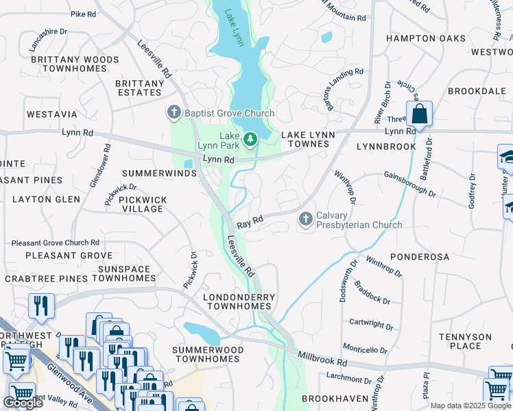 map of restaurants, bars, coffee shops, grocery stores, and more near 205 Autumn Chase Drive in Raleigh