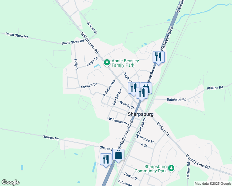 map of restaurants, bars, coffee shops, grocery stores, and more near 100 Barnhill Avenue in Rocky Mount
