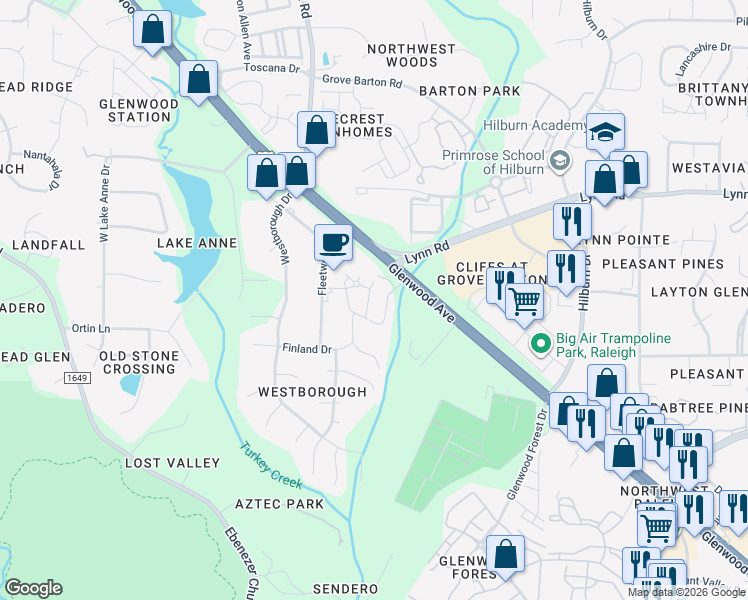 map of restaurants, bars, coffee shops, grocery stores, and more near 6424 Swatner Drive in Raleigh