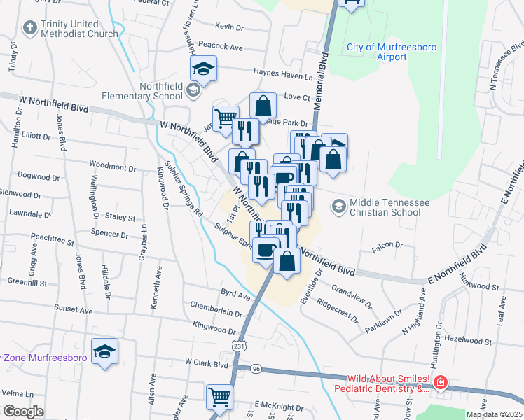 map of restaurants, bars, coffee shops, grocery stores, and more near 190 West Northfield Boulevard in Murfreesboro