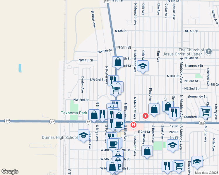 map of restaurants, bars, coffee shops, grocery stores, and more near 222 North Porter Avenue in Dumas