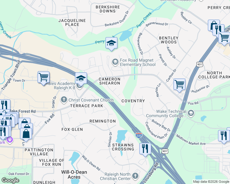 map of restaurants, bars, coffee shops, grocery stores, and more near 6900 Glenroy Court in Raleigh