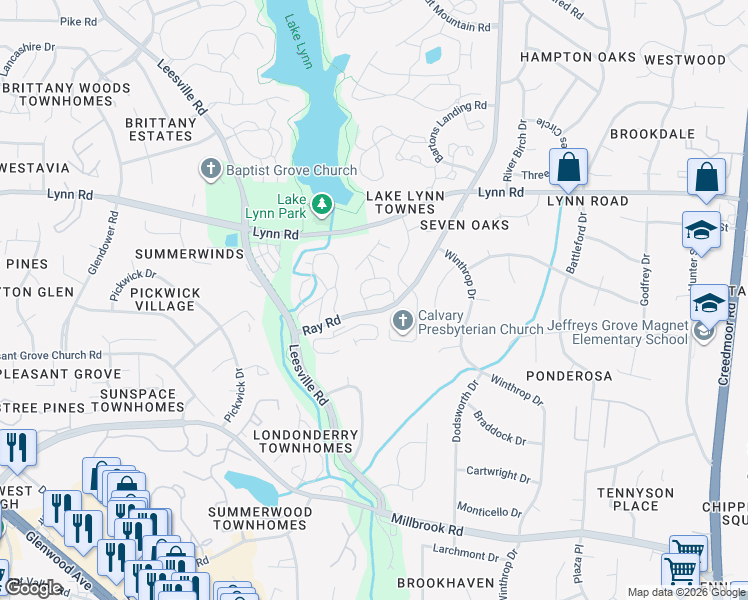 map of restaurants, bars, coffee shops, grocery stores, and more near 3110 Long Meadow Court in Raleigh