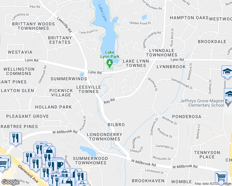 map of restaurants, bars, coffee shops, grocery stores, and more near 205 Autumn Chase Drive in Raleigh