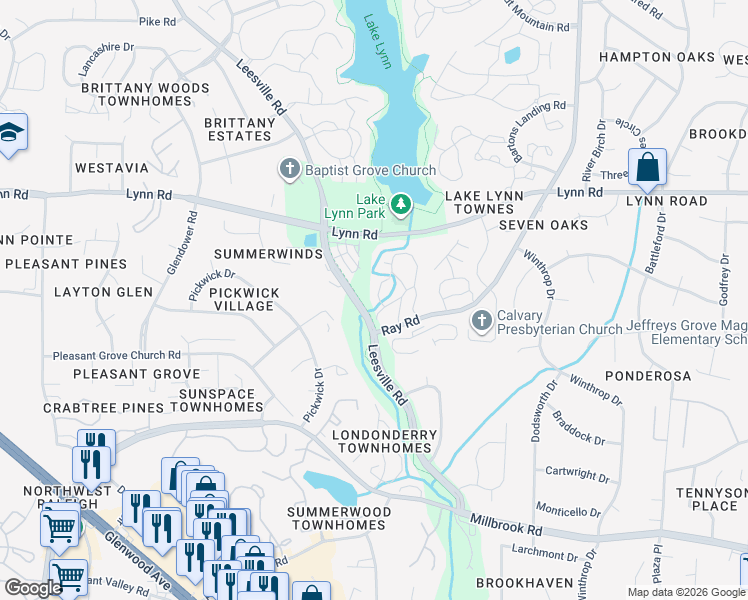 map of restaurants, bars, coffee shops, grocery stores, and more near 204 Oak Hollow Court in Raleigh