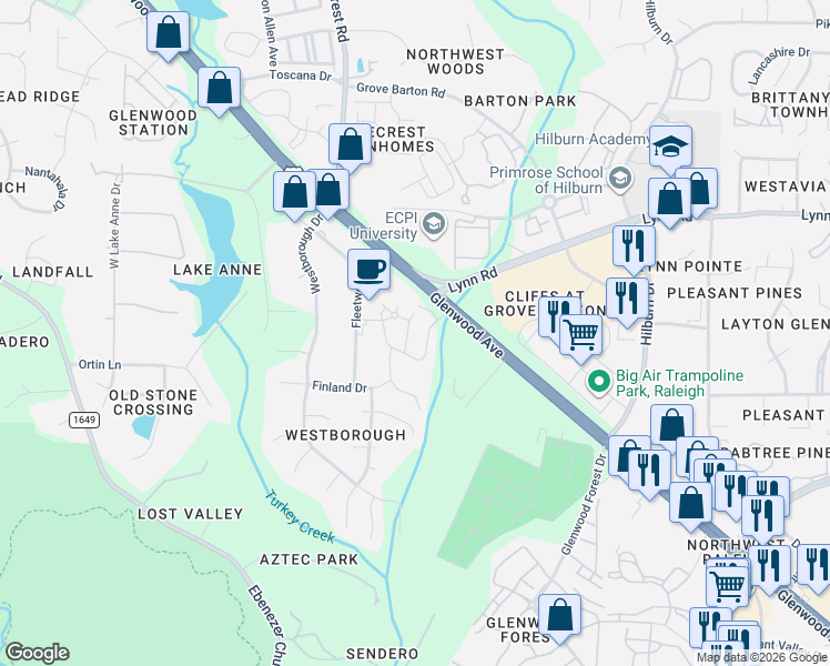 map of restaurants, bars, coffee shops, grocery stores, and more near 6424 Swatner Drive in Raleigh