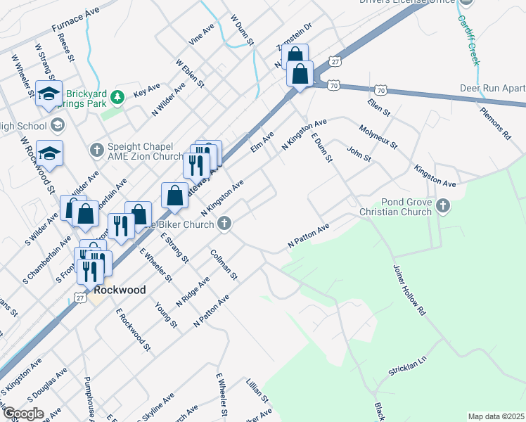 map of restaurants, bars, coffee shops, grocery stores, and more near 604 North Douglas Avenue in Rockwood