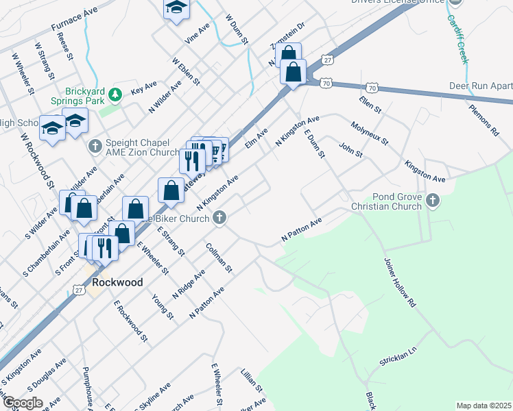 map of restaurants, bars, coffee shops, grocery stores, and more near 604 North Douglas Avenue in Rockwood
