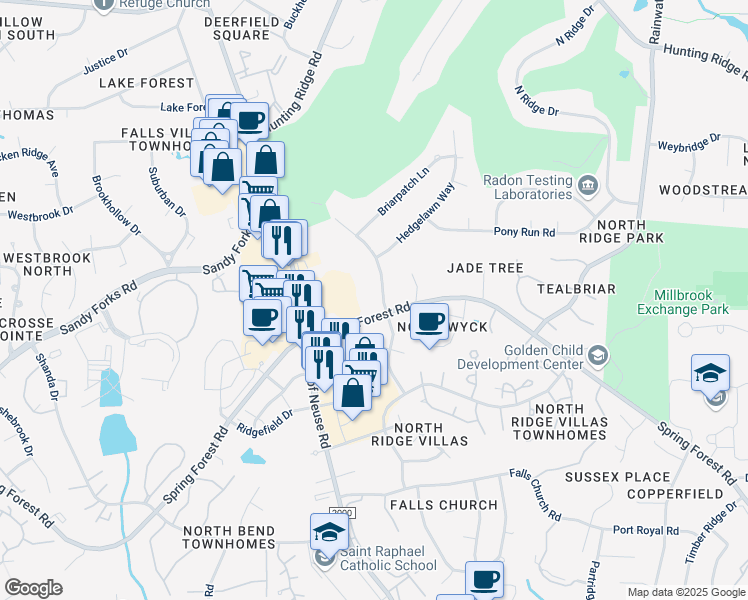 map of restaurants, bars, coffee shops, grocery stores, and more near 6323 New Market Way in Raleigh
