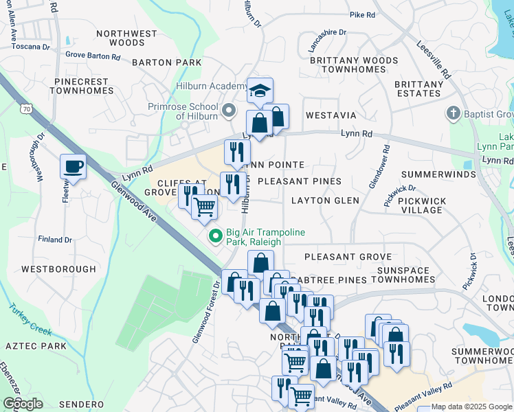 map of restaurants, bars, coffee shops, grocery stores, and more near 4709 Hilburn Hills Lane in Raleigh