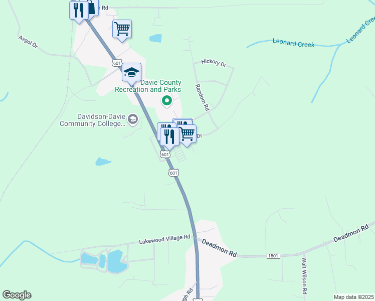 map of restaurants, bars, coffee shops, grocery stores, and more near 1388 U.S. 601 in Mocksville