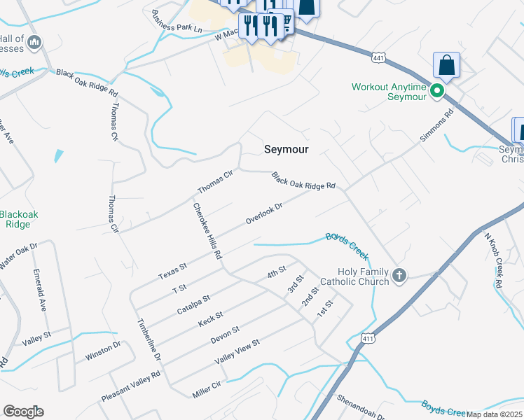 map of restaurants, bars, coffee shops, grocery stores, and more near 334 Overlook Drive in Seymour