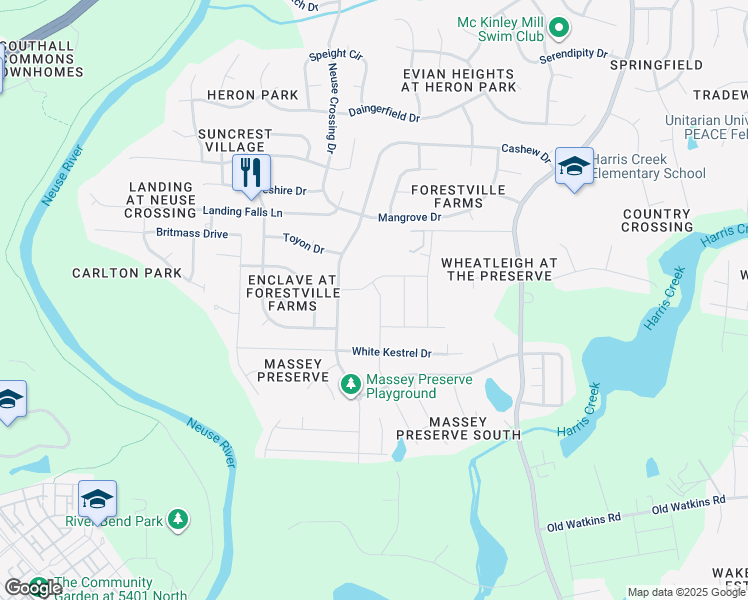 map of restaurants, bars, coffee shops, grocery stores, and more near 3725 Massey Pond Trail in Raleigh