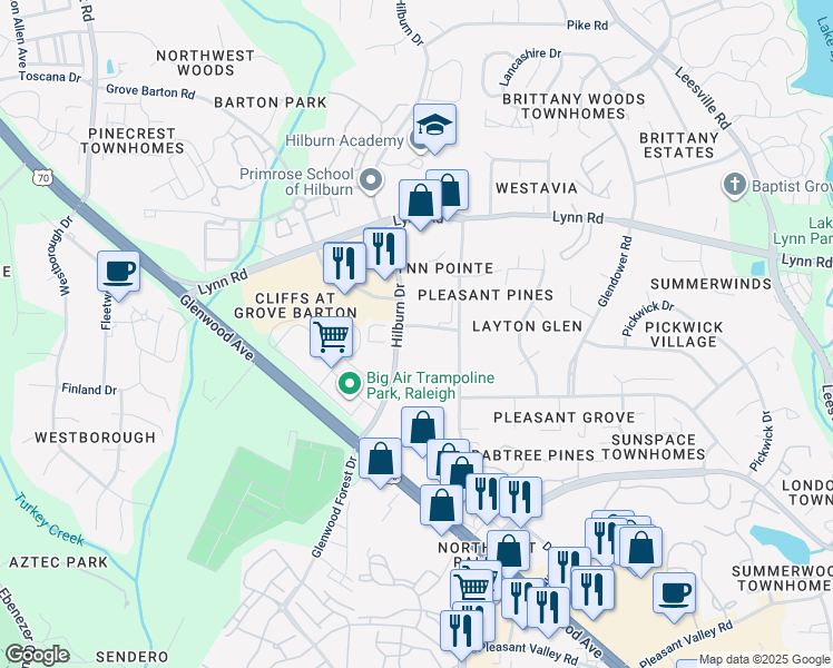 map of restaurants, bars, coffee shops, grocery stores, and more near 4709 Hilburn Hills Lane in Raleigh