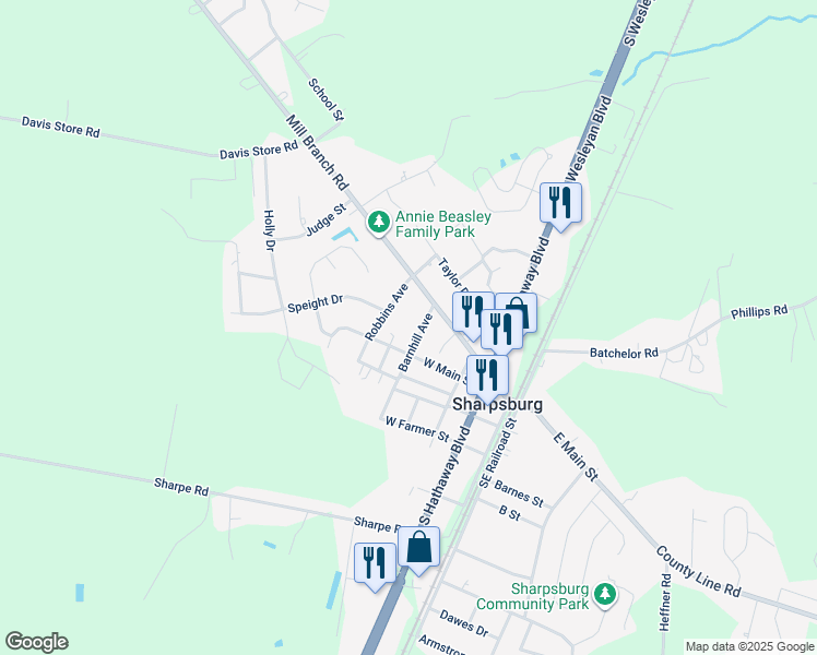 map of restaurants, bars, coffee shops, grocery stores, and more near 100 Barnhill Avenue in Rocky Mount