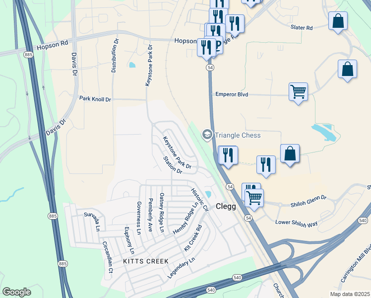 map of restaurants, bars, coffee shops, grocery stores, and more near 711 Keystone Park Drive in Morrisville