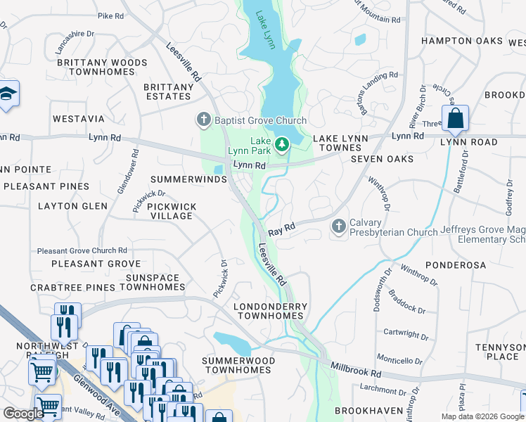 map of restaurants, bars, coffee shops, grocery stores, and more near 204 Oak Hollow Court in Raleigh