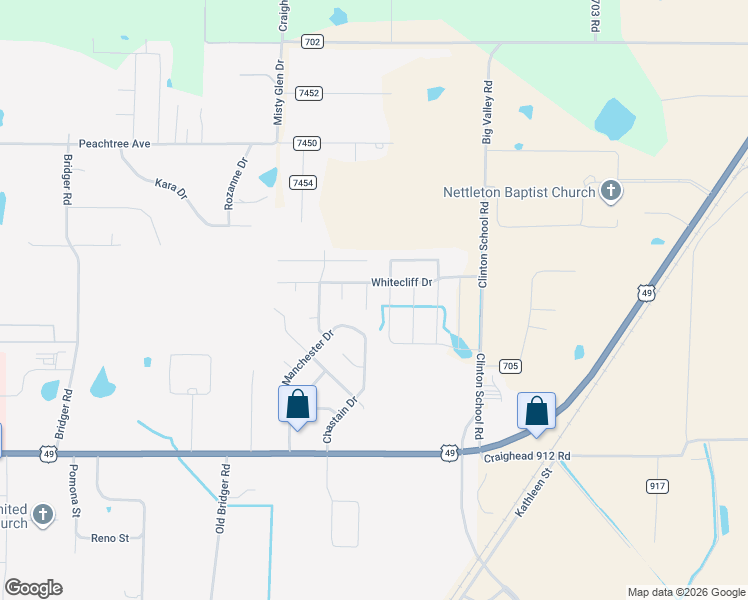 map of restaurants, bars, coffee shops, grocery stores, and more near 2516 Chastain Drive in Jonesboro