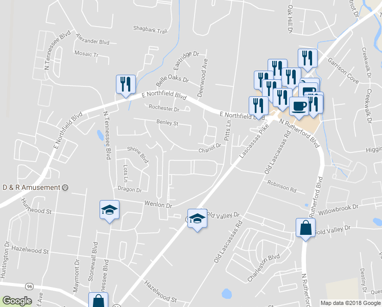 map of restaurants, bars, coffee shops, grocery stores, and more near 1576 Chariot Drive in Murfreesboro