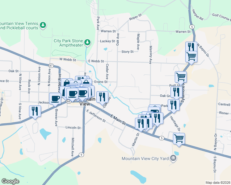 map of restaurants, bars, coffee shops, grocery stores, and more near 315 Oak Avenue in Mountain View