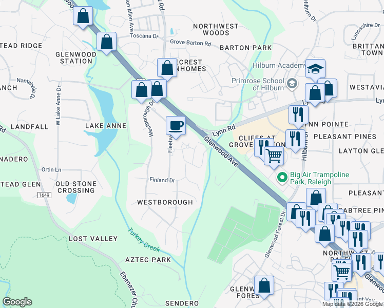 map of restaurants, bars, coffee shops, grocery stores, and more near 6424 Swatner Drive in Raleigh