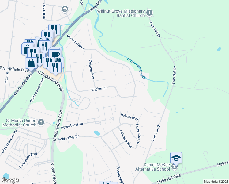 map of restaurants, bars, coffee shops, grocery stores, and more near 2140 Higgins Lane in Murfreesboro