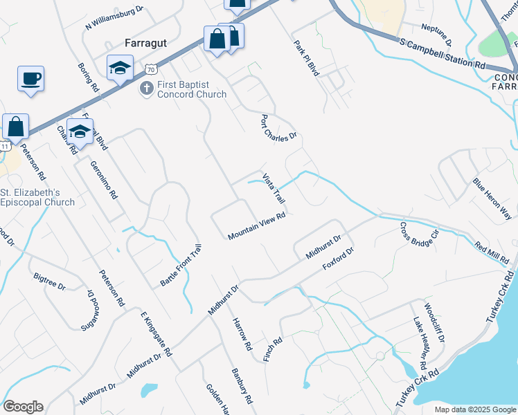 map of restaurants, bars, coffee shops, grocery stores, and more near 11609 Mountain View Road in Knoxville