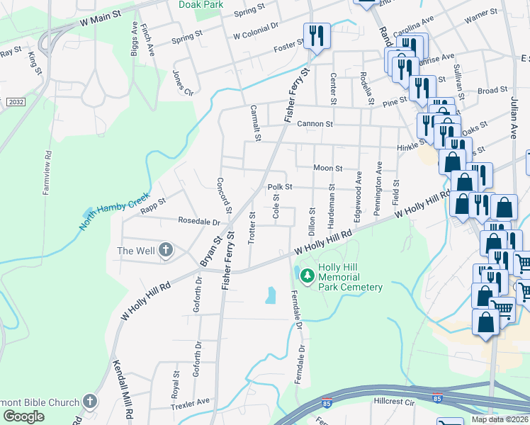 map of restaurants, bars, coffee shops, grocery stores, and more near 407 Kendall Street in Thomasville