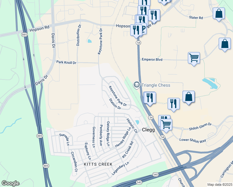 map of restaurants, bars, coffee shops, grocery stores, and more near 737 Keystone Park Drive in Morrisville