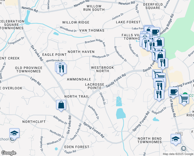 map of restaurants, bars, coffee shops, grocery stores, and more near 505 Sierra Vista Way in Raleigh