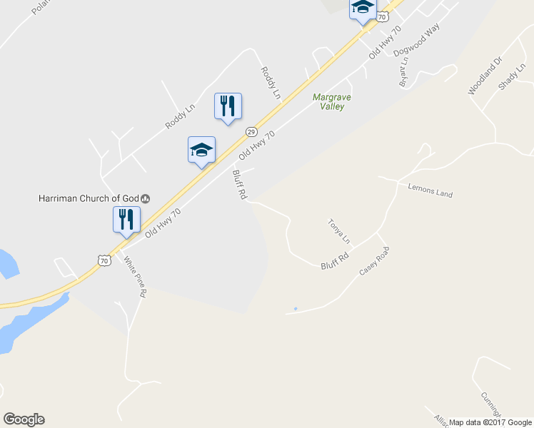 map of restaurants, bars, coffee shops, grocery stores, and more near 2287 Bluff Road in Harriman