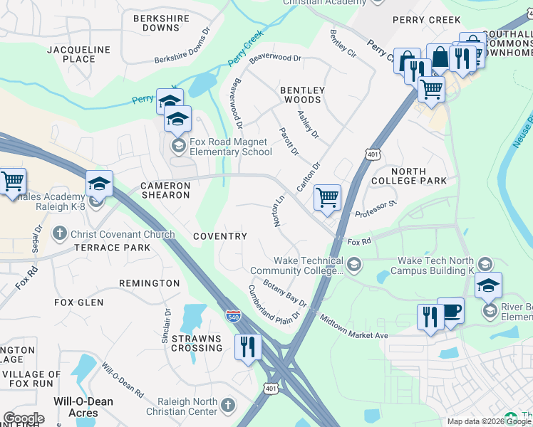 map of restaurants, bars, coffee shops, grocery stores, and more near 7209 Pinewood Lane in Raleigh
