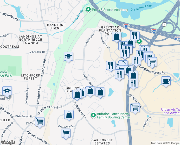 map of restaurants, bars, coffee shops, grocery stores, and more near 2901 Calliope Way in Raleigh