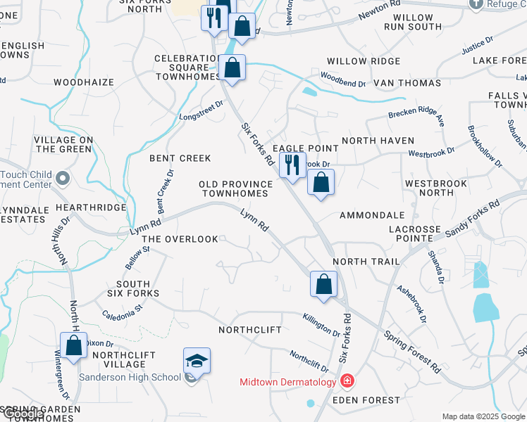 map of restaurants, bars, coffee shops, grocery stores, and more near 410 Lynn Road in Raleigh