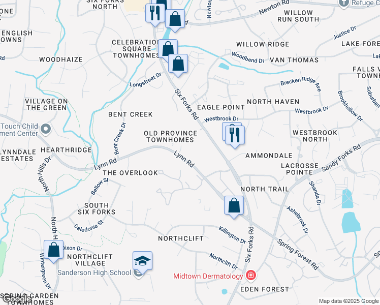 map of restaurants, bars, coffee shops, grocery stores, and more near 410 Lynn Road in Raleigh