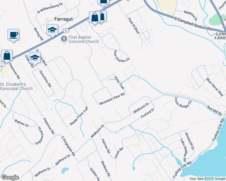 map of restaurants, bars, coffee shops, grocery stores, and more near 11609 Mountain View Road in Knoxville