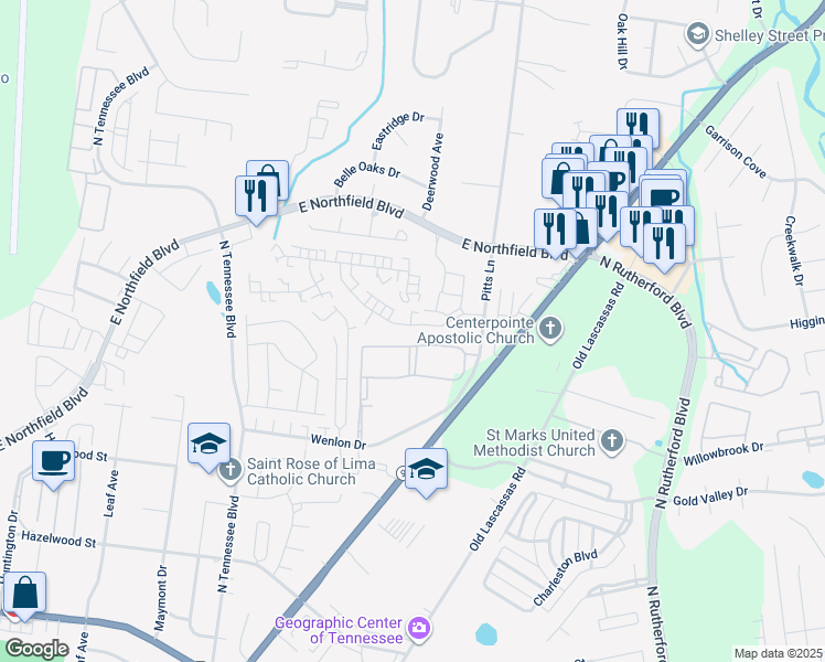 map of restaurants, bars, coffee shops, grocery stores, and more near 1576 Chariot Drive in Murfreesboro