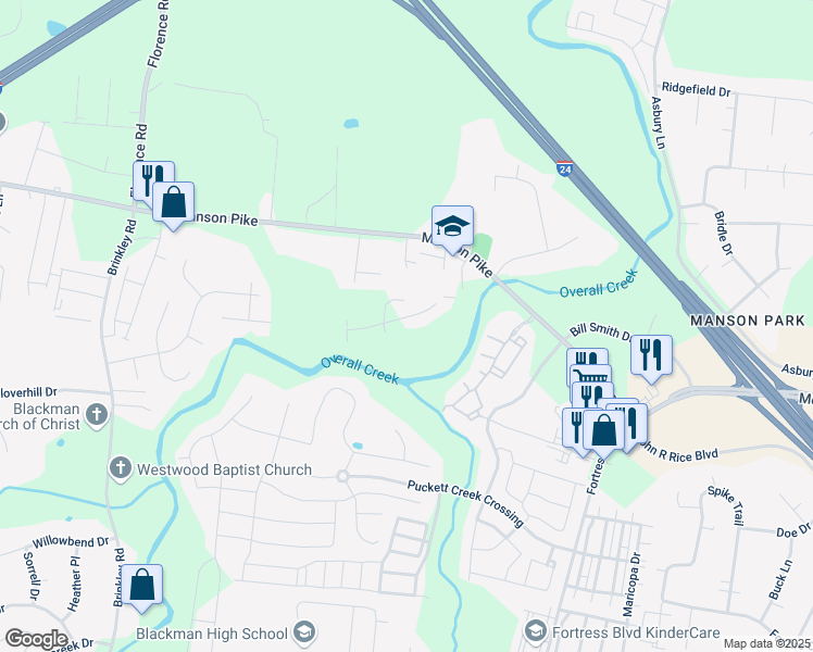 map of restaurants, bars, coffee shops, grocery stores, and more near 3875 Andrea Brook Court in Murfreesboro