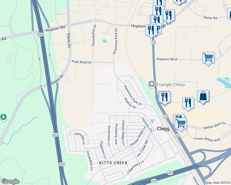 map of restaurants, bars, coffee shops, grocery stores, and more near 204 Mainline Station Drive in Morrisville